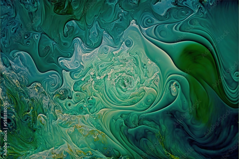 Poster  a painting with a green and blue swirl design on it's surface, with a white border around the edges of the image and a blue and green swirl pattern on the bottom of the bottom. Generative AI