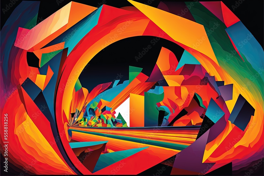 Poster a colorful abstract painting of a city with buildings and trees in the background and a circular des