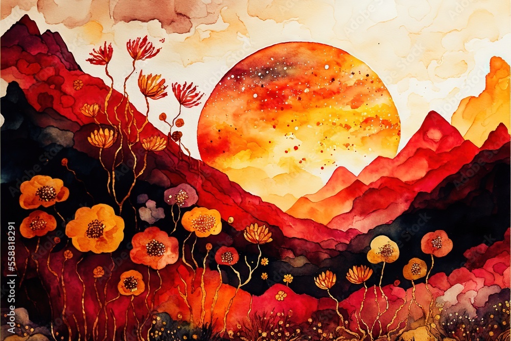 Poster a painting of a mountain with flowers and a sun in the background with a sky background and a red an