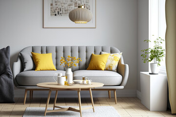 Scandinavian style living room interior with a grey sofa and a wooden coffee table. Generative AI