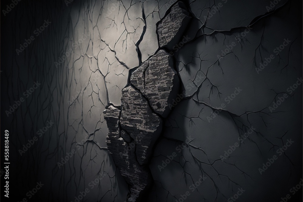 Poster a cracked wall with a light shining on it and a crack in the wall behind it that is cracked and has 