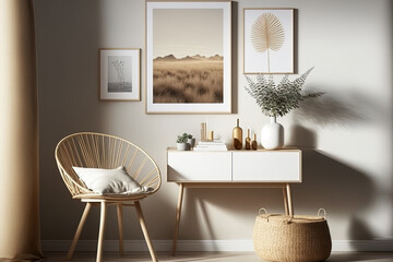The living area features a Scandinavian interior design with a rattan console, a wooden chair, a mock up poster frame, pampas in a vase, and modern home accents. simple interior design. to illustrate