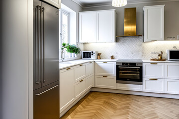A pleasant home's little white corner kitchen with parquet flooring. Generative AI