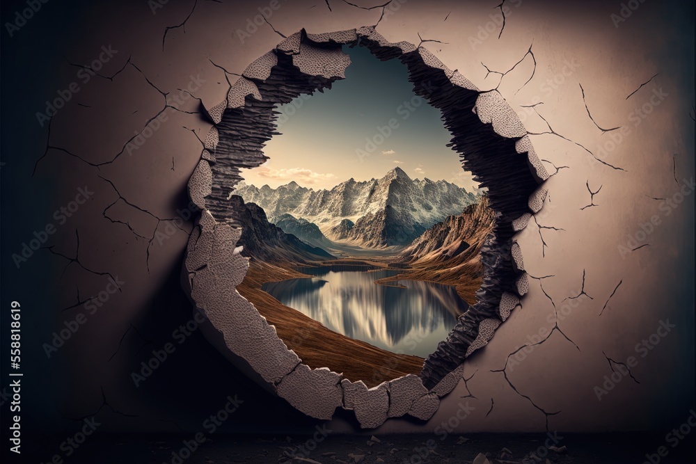 Poster a hole in the wall with a mountain lake in it and a mountain range in the background with a reflecti