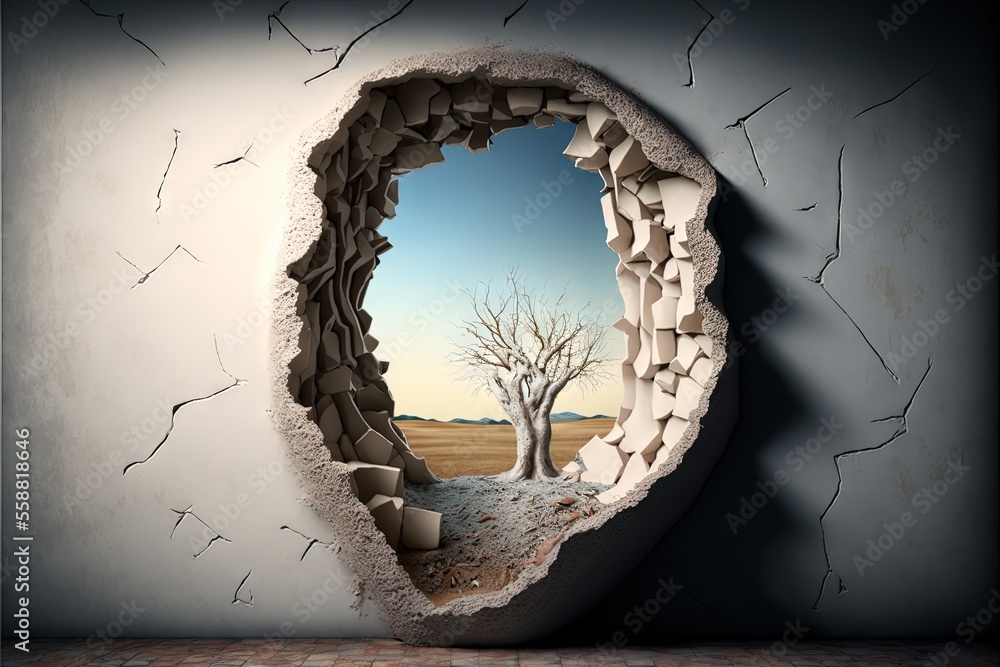 Aufkleber a hole in the wall with a tree in it and a sky in the background with a blue sky and a white tree in