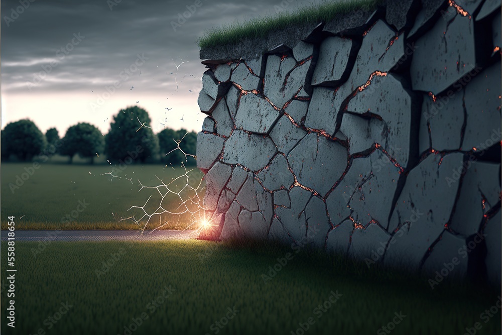 Poster a crack in the wall with a light coming out of it and a field in the background with trees and grass