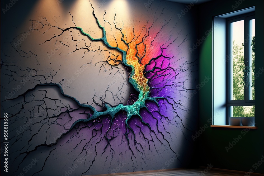 Poster a room with a large painting on the wall and a window with a view of a tree branch and a rainbow col