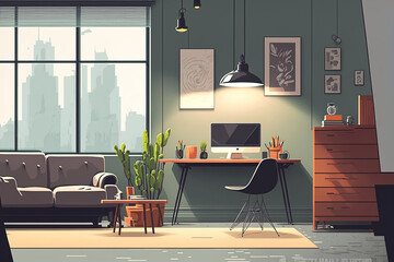 Industrial inspired modern interior design for a living room or office. Generative AI