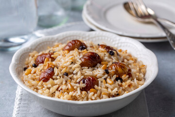 Traditional delicious Turkish food; chestnut rice pilaf (Turkish name; kestaneli pilav)