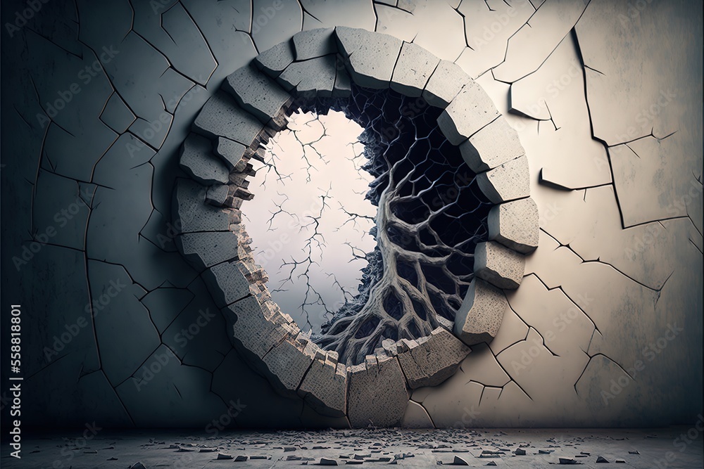 Poster a cracked wall with a hole in the middle of it and a light coming through it to a hole in the wall w