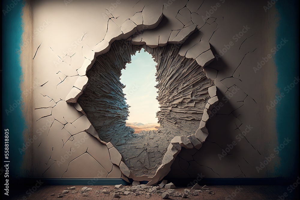 Poster a hole in the wall with a view of a beach and a sky in it, with a broken wall and a hole in the wall