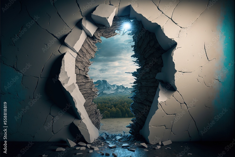 Poster a hole in the wall with a light coming out of it and a mountain view in the background with a blue s