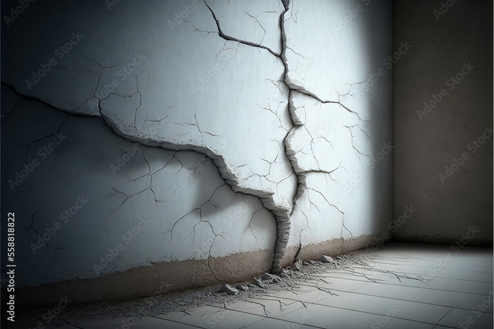 Poster a crack in the wall of a room with a light coming through it and a floor below it with a tile floor 