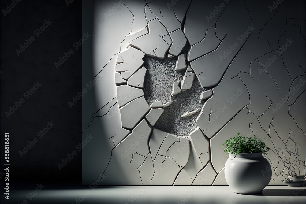 Poster a vase with a plant in it sitting next to a cracked wall with a hole in it and a hole in the wall wi