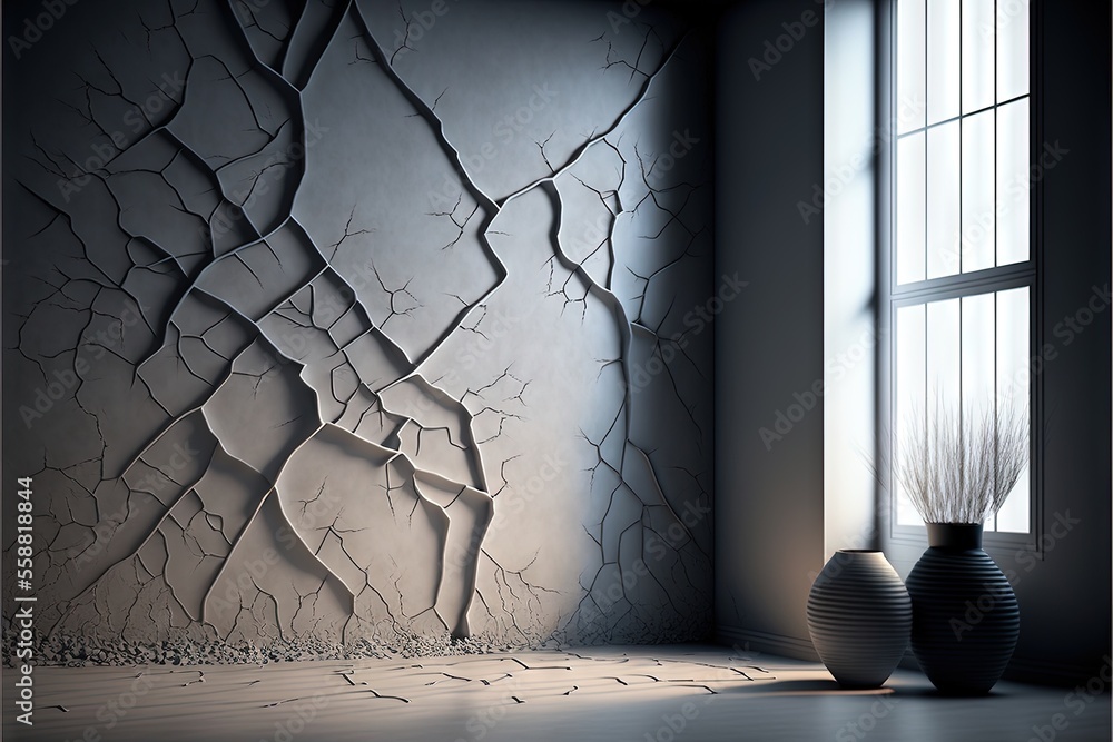 Poster a vase sitting next to a window in a room with cracked walls and a window sill with a plant in it an