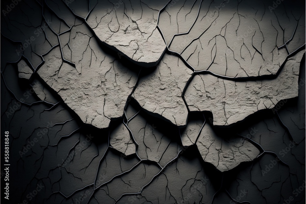 Poster a black and white photo of a cracked surface with cracks in it's center and a black background with 