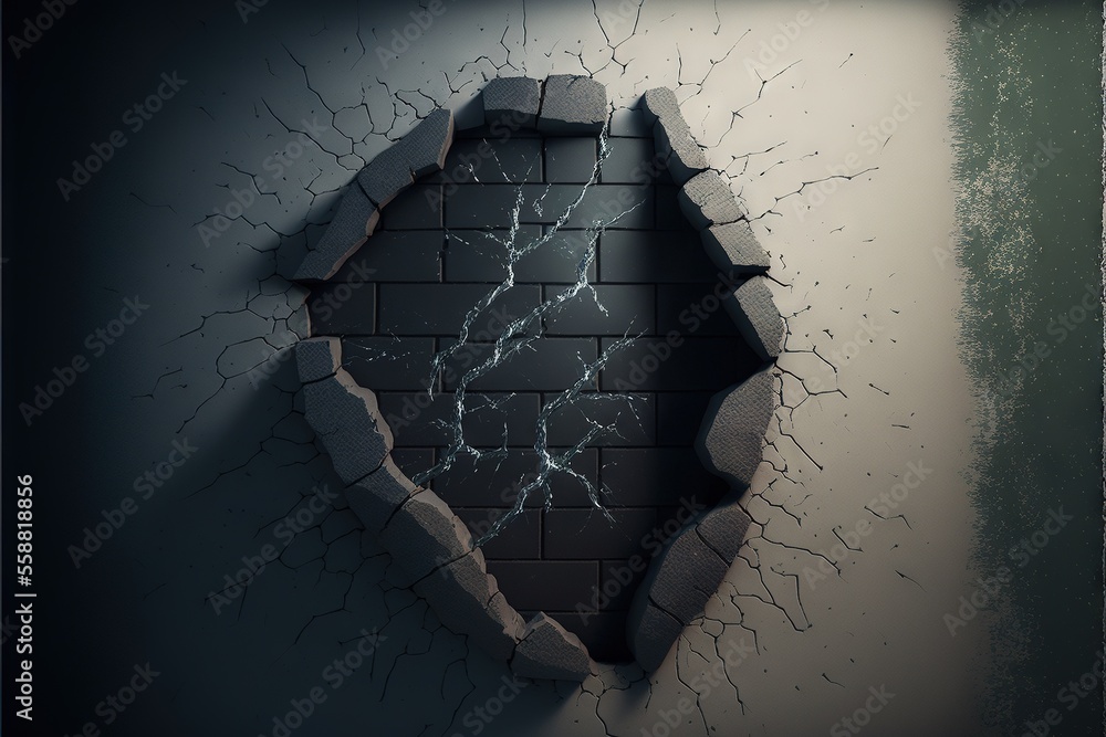 Poster a cracked wall with a hole in it and a crack in the middle of it with a lightening effect on it and 