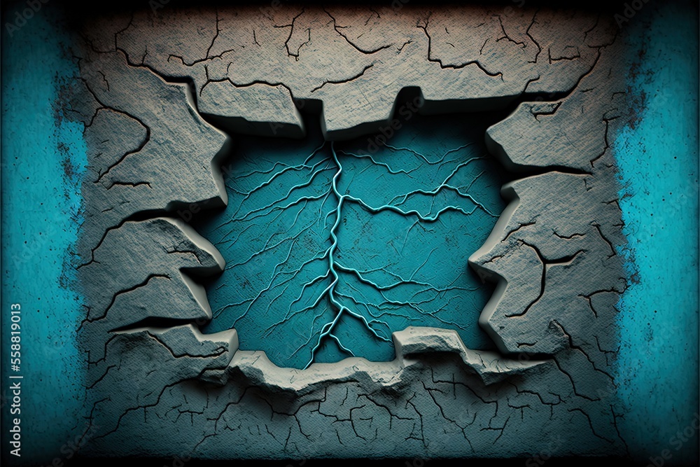 Poster a blue and white wall with a hole in it that has a tree growing out of it and a blue background with