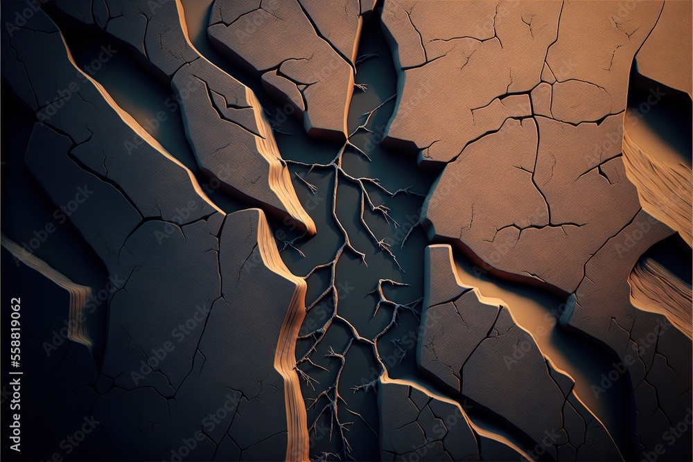 Poster a cracked surface with a crack in the middle of it and a brown background with a black border around