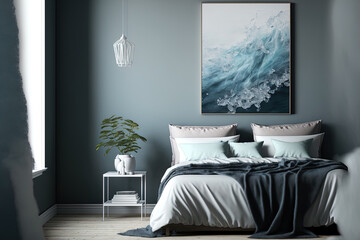 Painting in pastel blue on a grey wall in a modern bedroom. Generative AI