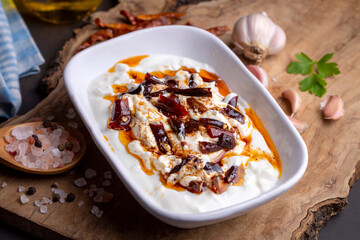 Traditional Turkish and Greek Meze with chili peppers. Turkish Appetizer Atom with yogurt. Turkish atom meze
