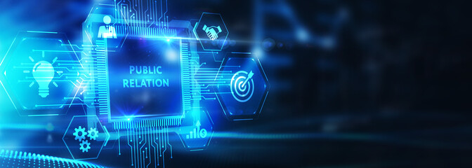 PR Public relation management. Business, Technology, Internet and network concept. 3d illustration