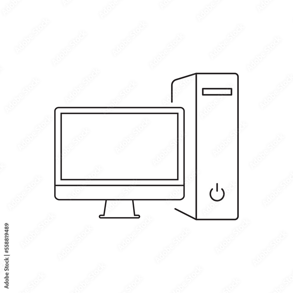 Poster monitor and system unit icon. computer isolated on white background. flat infographics. vector illus