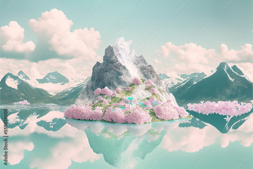 Poster a small island with a mountain in the background and a lake in the foreground with a mountain in the