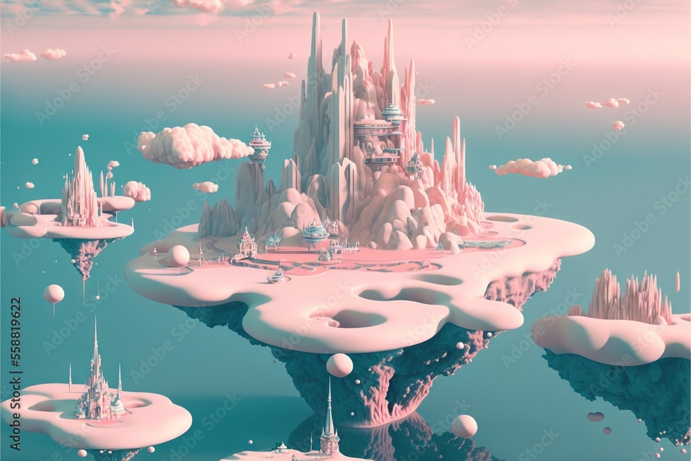 Poster a surreal scene of a castle floating in the air with donuts floating around it and floating around t