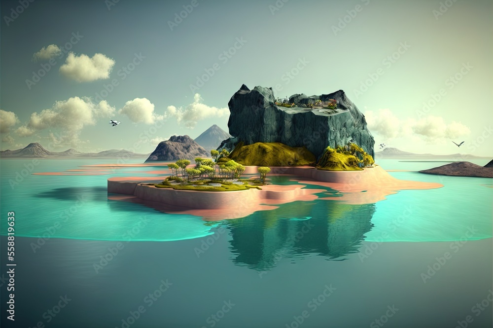 Poster a computer generated image of a small island in the middle of a body of water with a bird flying ove