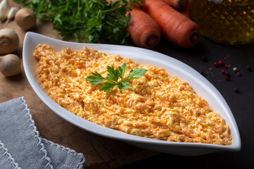 Traditional delicious Turkish foods; Fresh carrot salad with garlic yogurt in bowl. ( Turkish name; havuc tarator)