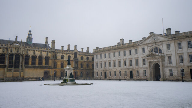 King's College Cambridge , Front Court Gibbs Buildings and Wilkins' Building during winter snow at Cambridge , United Kingdom : 3 March 2018
