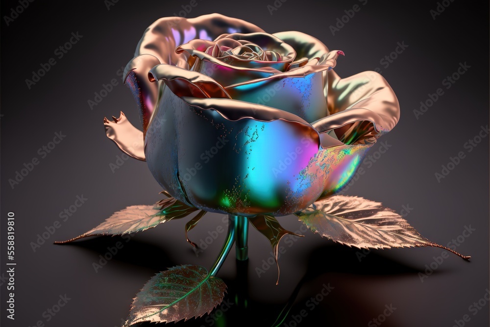 Poster a rose with a shiny coating on it's petals and leaves is shown in the image on a black background wi