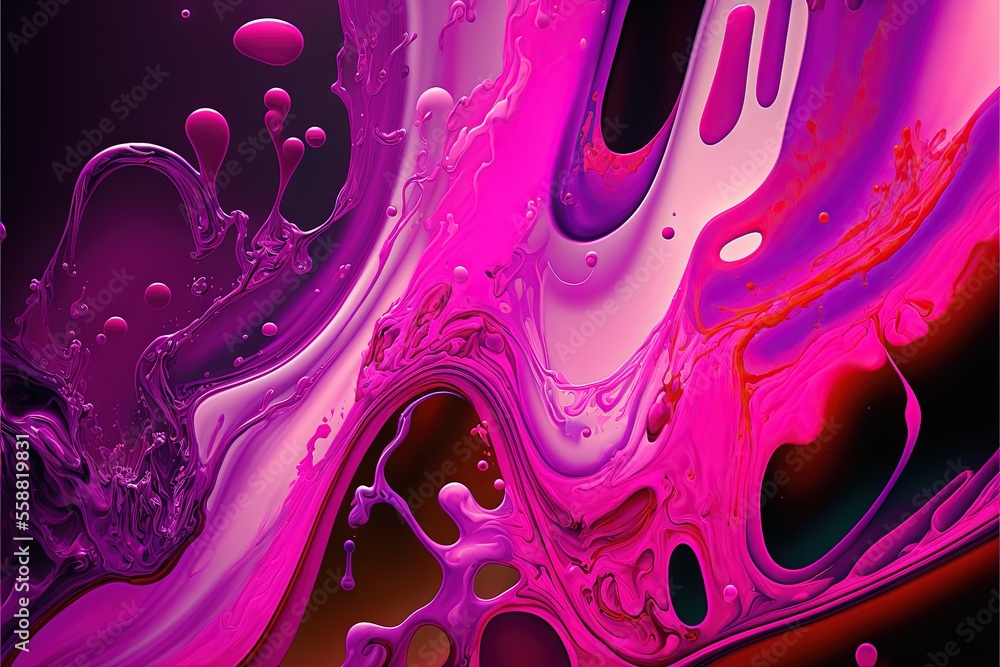 Poster a close up of a cell phone with a purple and pink background and bubbles of liquid on it, with a bla