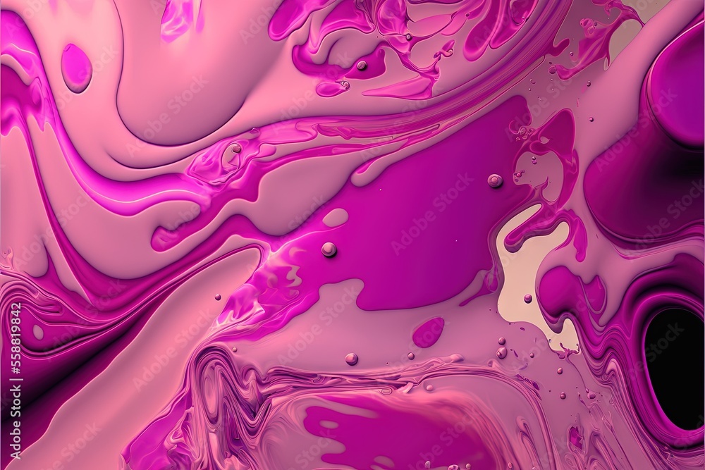 Poster a close up of a pink and purple liquid substance with a black background and a white border around i