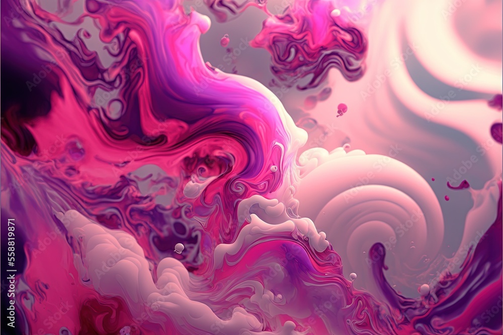 Poster a colorful abstract painting with a pink and purple swirl on it's side and a white swirl on the top 