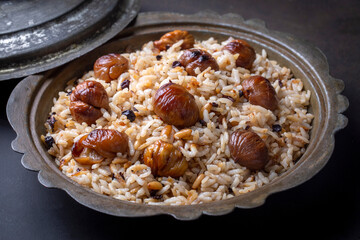 Traditional delicious Turkish food; chestnut rice pilaf (Turkish name; kestaneli pilav)