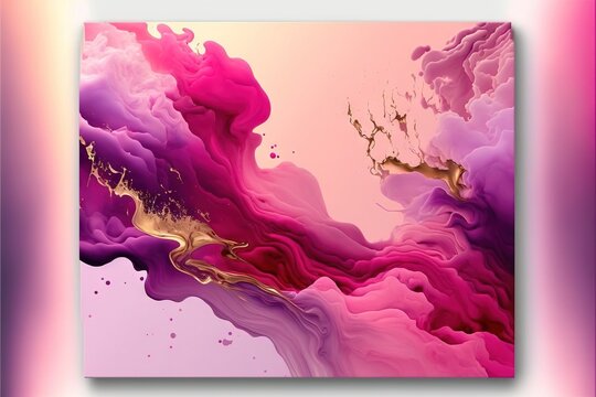  a painting of a pink and purple liquid flow with gold accents on a pink background with a white frame and a white border around it with a gold border and a pink border with a.