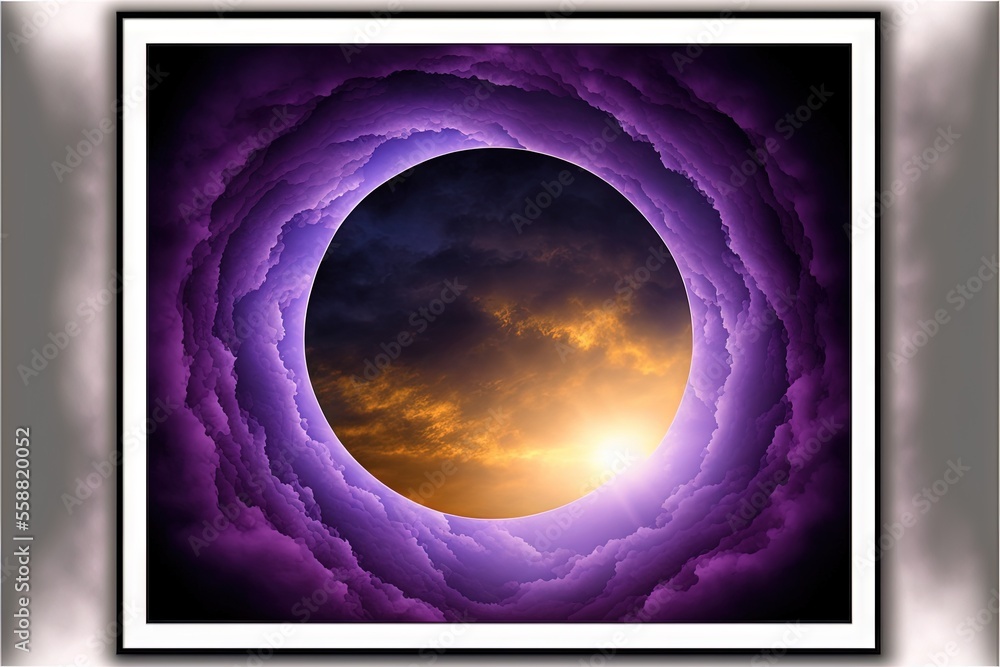 Poster a picture of a purple and yellow sky with clouds in the center of the picture and a white frame arou