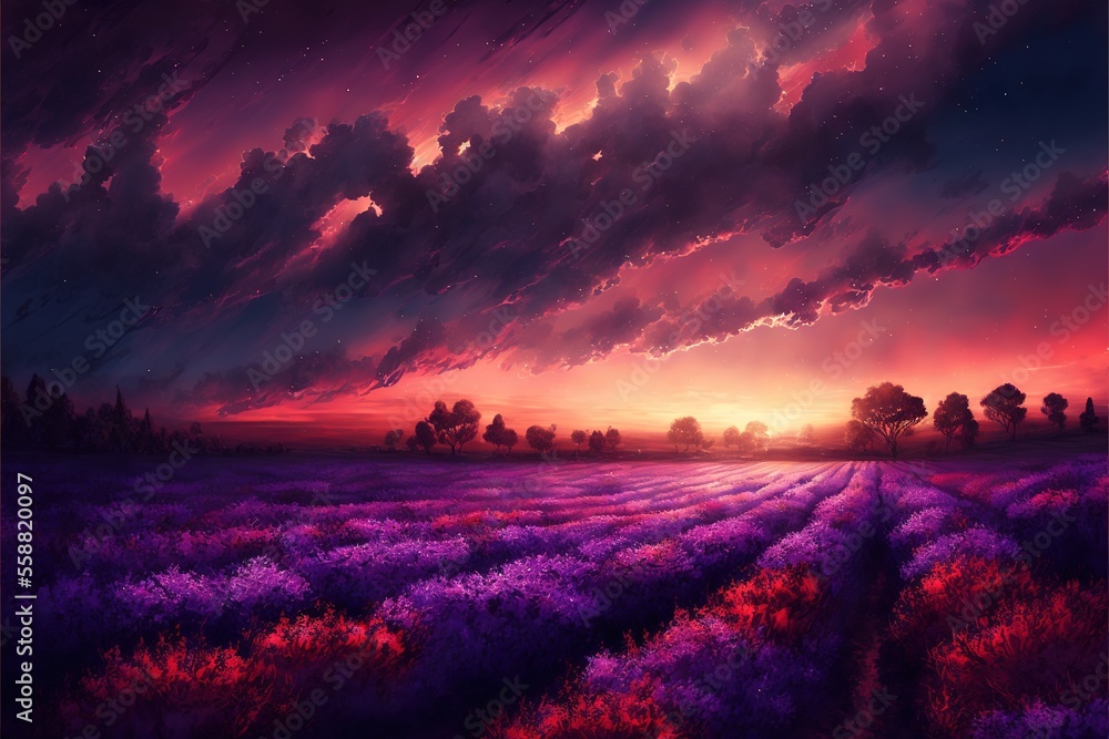 Poster a painting of a sunset over a lavender field with trees and clouds in the background and a purple sk