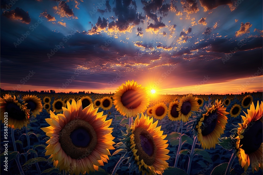 Poster a field of sunflowers with the sun setting in the background and clouds in the sky above them, with 