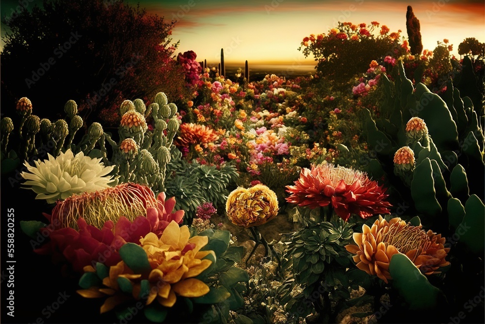 Poster a painting of a desert with cactus and flowers in the foreground and a sunset in the background with