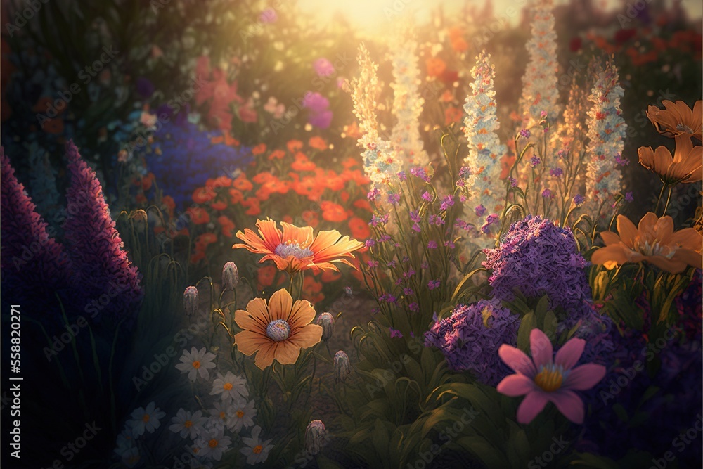 Poster a painting of a field of flowers with the sun shining through the trees in the background and the su