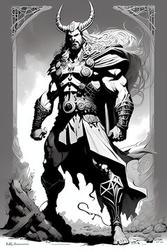 A Fantasy Board Game Card/colouring Book Page: Thor, Viking God Of Thunder And Lightning, Norse Mythology. AI-generated