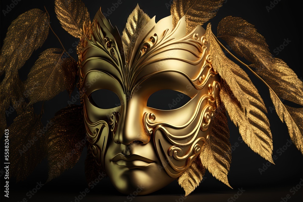Poster a gold mask with leaves on it and a black background with a black background and a gold mask with le