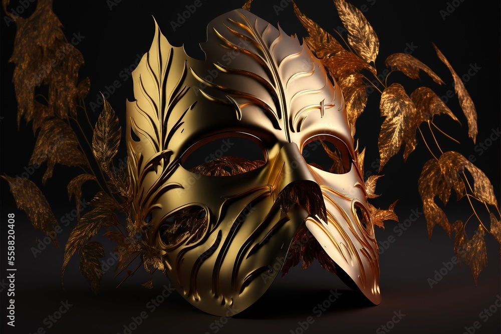 Poster a gold mask with leaves on it on a black background with a black background and a gold mask with lea