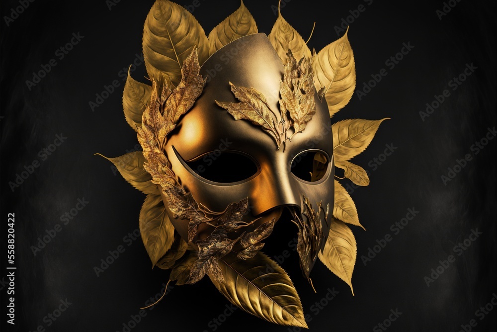 Poster a golden mask with leaves on it and a black background with a black background and a gold mask with 