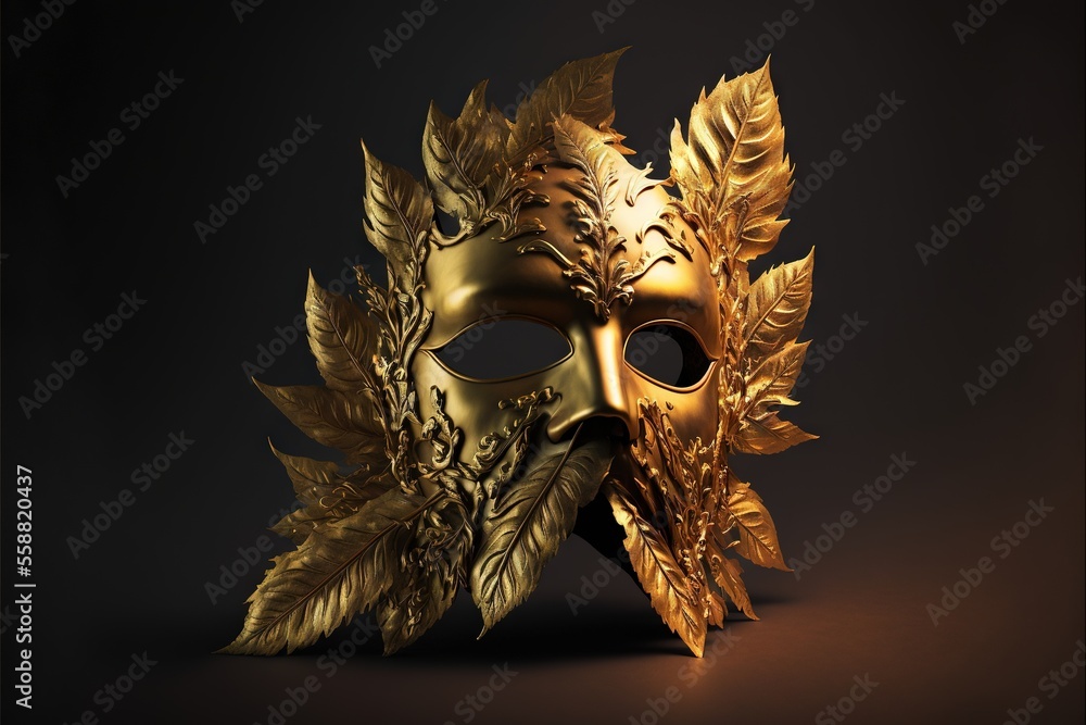 Poster a golden mask with leaves on it on a black background with a shadow of the mask on the floor and a b