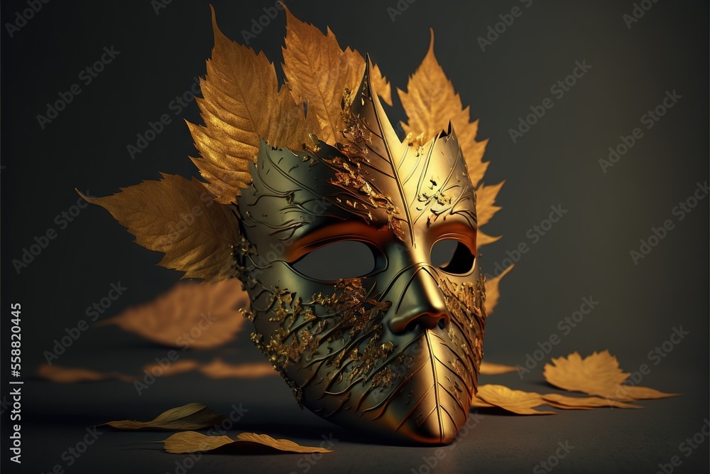 Poster a gold mask with leaves on it and a black background with a black background and a gold mask with le