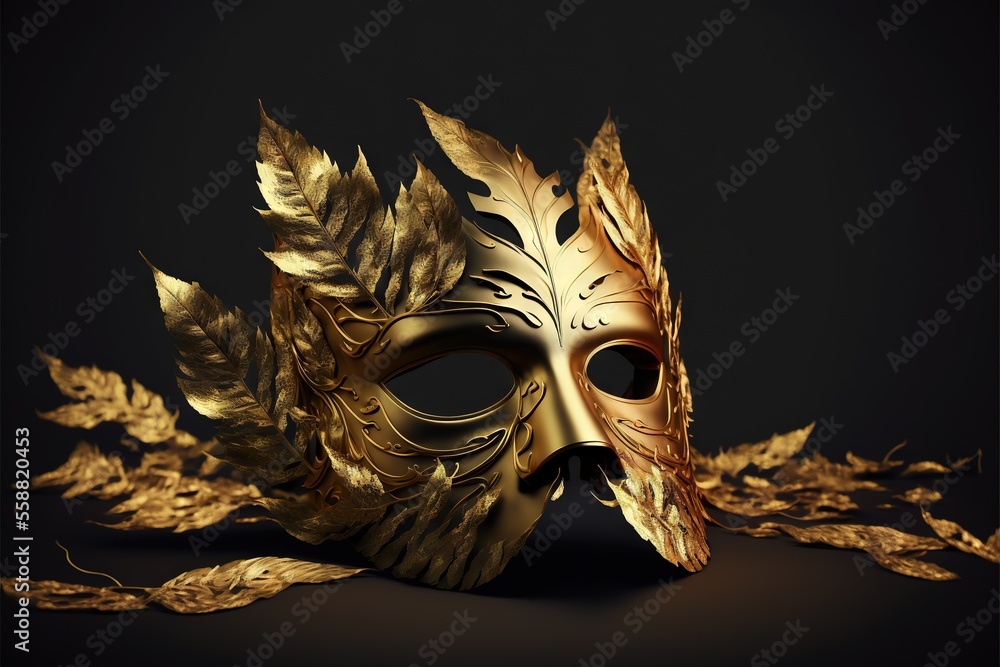 Poster a gold mask with leaves on a black background with a black background behind it and a black backgrou